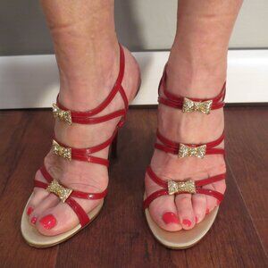 CASADEI Formal Gold Satin Red Straps High Heel Sandals